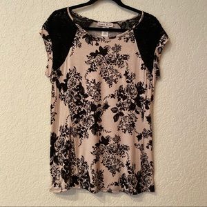 Blush Pink Floral Roses Crochet Shoulder Top